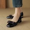 Fashion Comemore Frühling Herbst Damen Schleife Retro Mittelhoher Absatz Einzelne Schuhe Quadratische Spitze Lederpumps Mode Elegant Dick Absatzschuhe