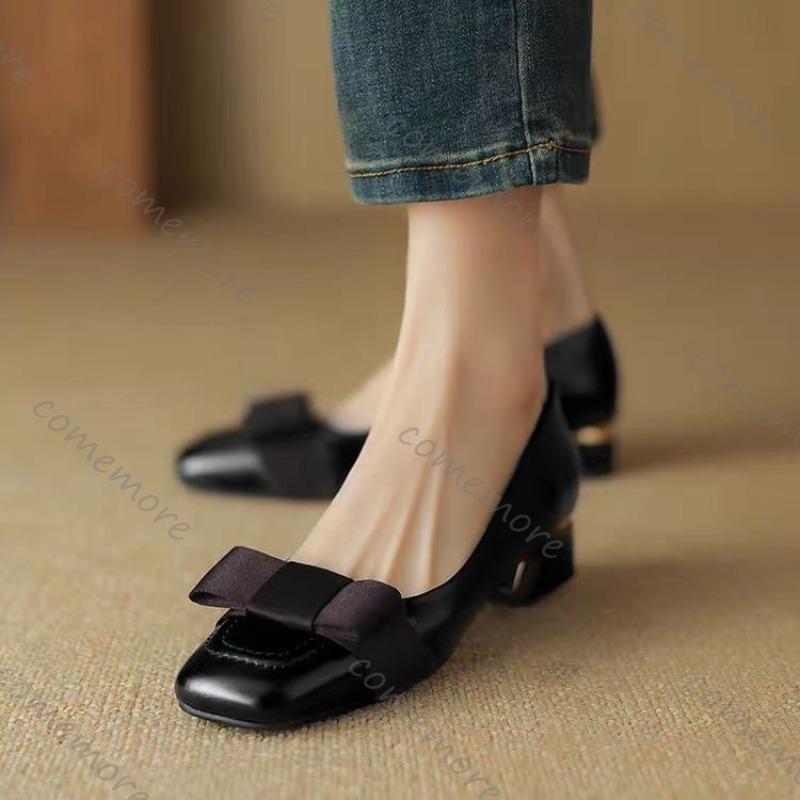 Fashion Comemore Spring Autumn Women's Bow Retro Middle Heel Single Shoes Square Head Leather Pumps Fashion Elegant Thick Heeled Shoes