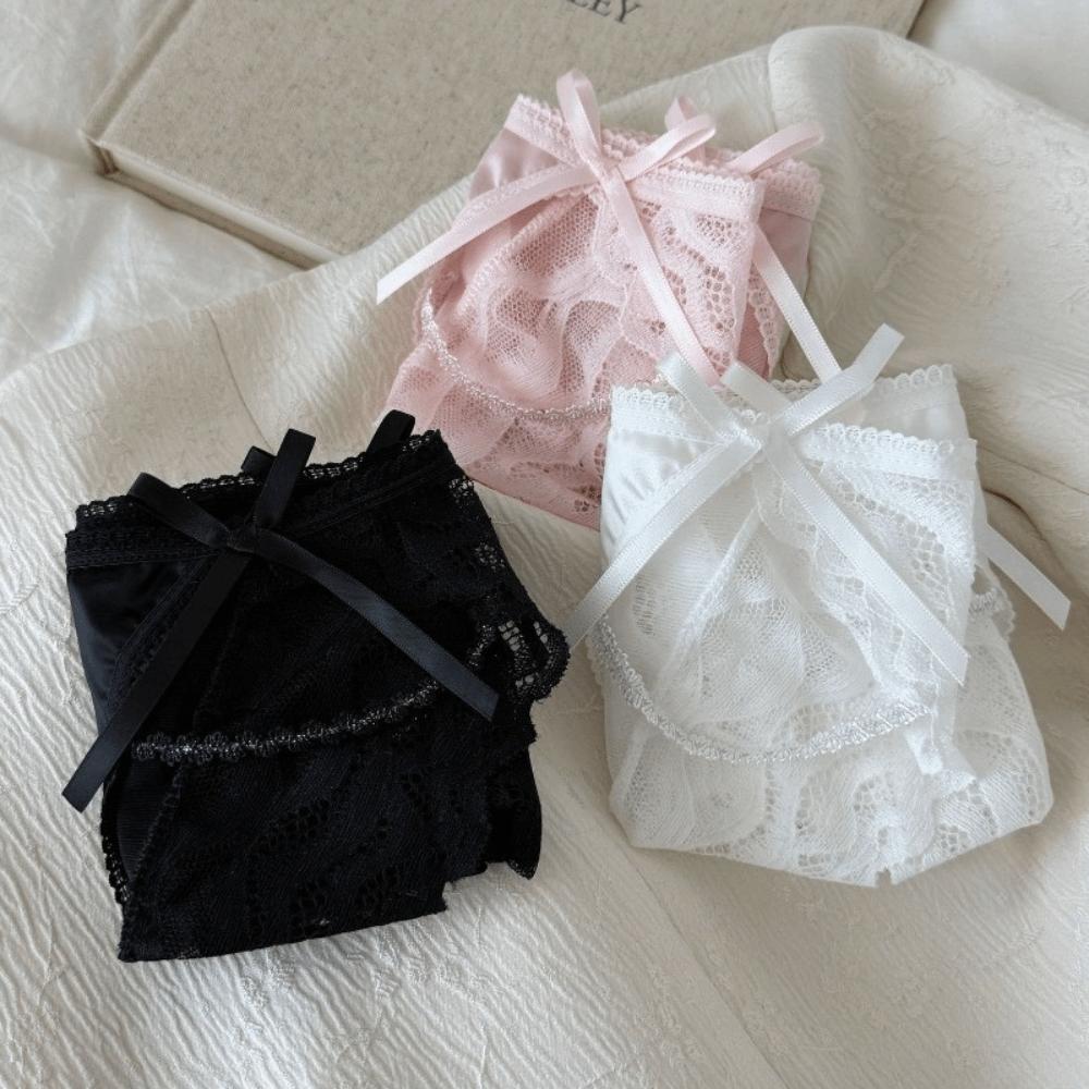 Bow Satin Silk Briefs Transparent Lace Mesh Briefs Thin Women Underwear Gifts