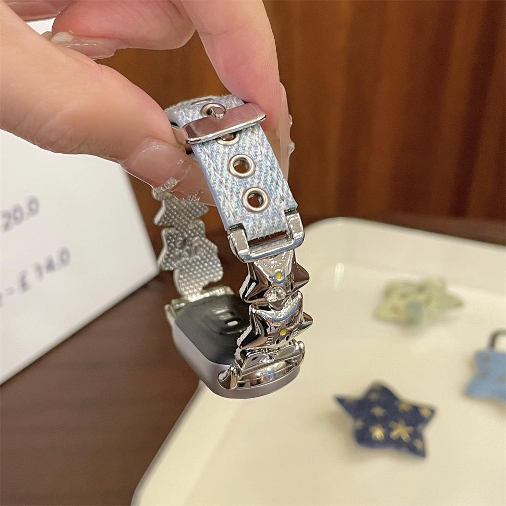 

Bow & Star Spliced Denim Leather Strap, Cute Stylish Band for Xiaomi Band 8 / 9 / 10 срібний/синій