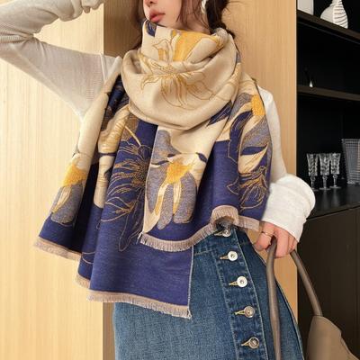 Autumn and Winter Magnolia Floral Imitation Cashmere Scarf Thickened Shawl Fresh and Sweet Versatile Cold-proof Warm Scarf