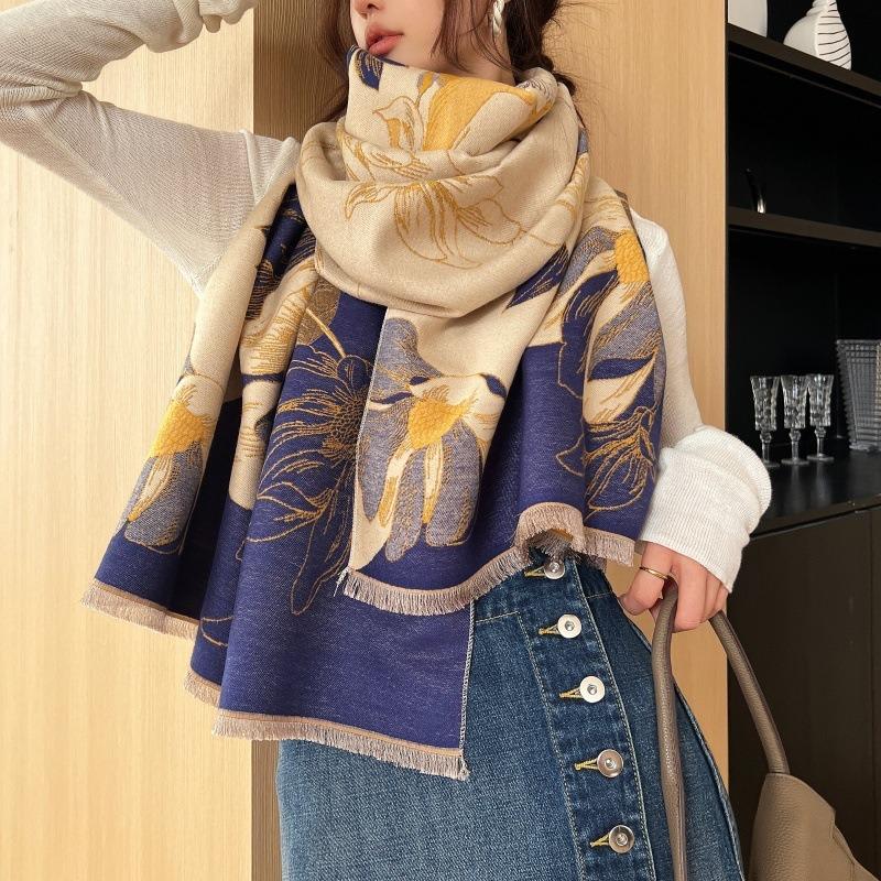Autumn and winter magnolia floral imitation cashmere scarf thickened shawl fresh and sweet versatile cold-proof warm scarf
