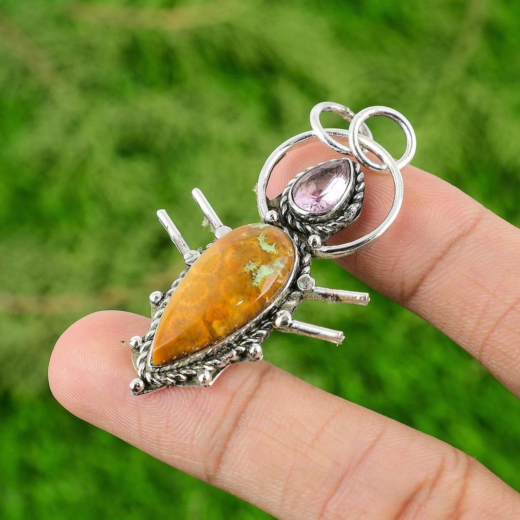 Natural Fossil Coral Pink Topaz 925 Silver Root Chakra Boho New Pendant Jewelry