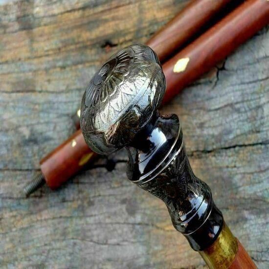Antique Brass Designer Handle Wooden Walking Cane Stick Vintage Victorian
