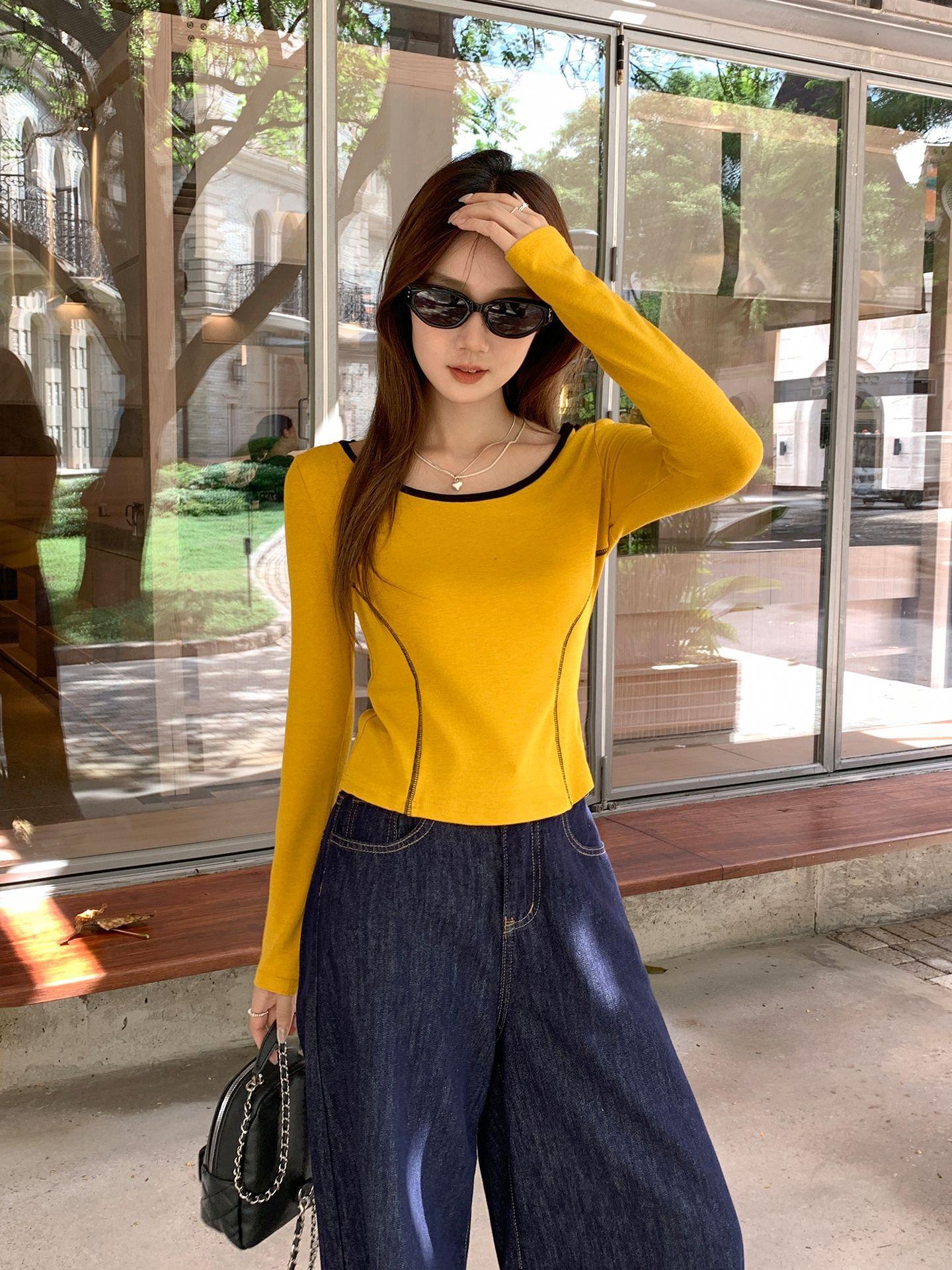 

Yellow Low Crew Neck Hooded Versatile Short Long Sleeve T-Shirt Women s Autumn New Spice Girl Bottom Shirt Top S
