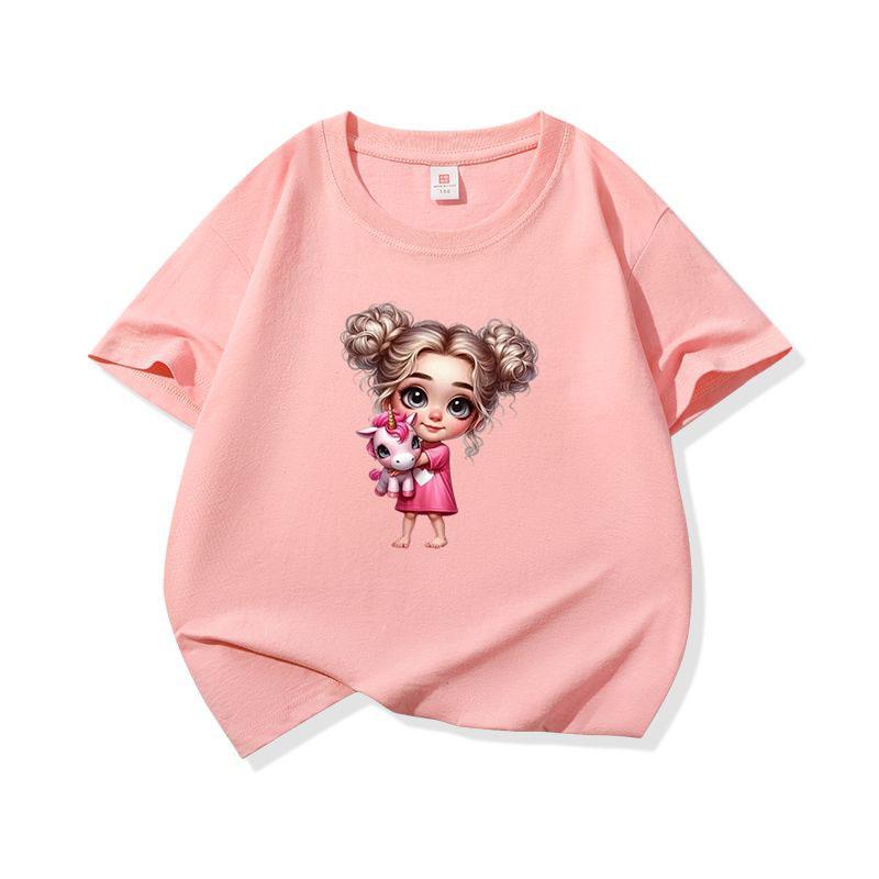 Kids Cotton T Shirt Adorable Girl With Pink Unicorn Print Crew Neck Short Sleeve Tee Casual Boys Girls Summer Tops