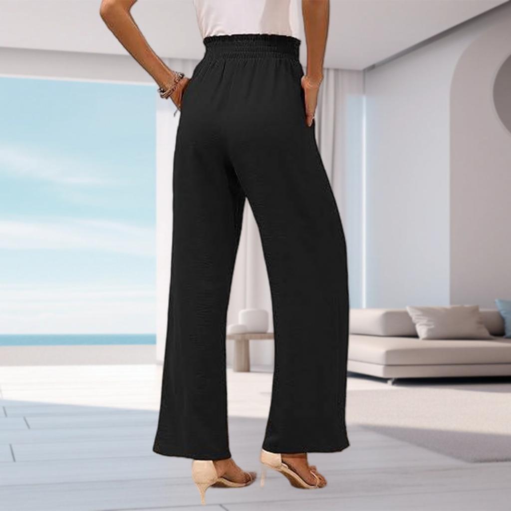 Women's High-Waisted Wide Leg Pants with Pockets - Color Casual Loose Fit Trousers for Daily Wear