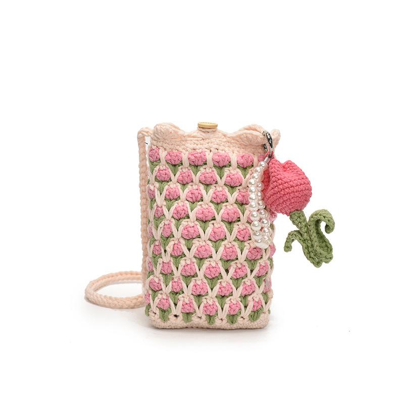 Handmade Crochet Tulip Phone Bag, Cute Color-Block Knitted Crossbody Purse for Women, Mini Shoulder Phone Pouch