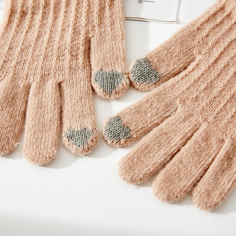 New Women's Solid Color Knitted Rhombus Jacquard Warm Gloves Stylish Touch Screen Riding Cold Proof Full Finger