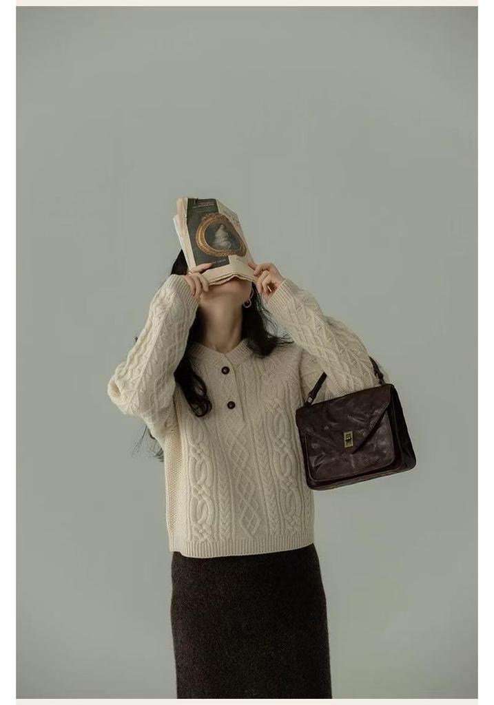 European Retro Cable Knit Wool Cardigan - Women's Early Spring Single-Breasted Sweater Coat