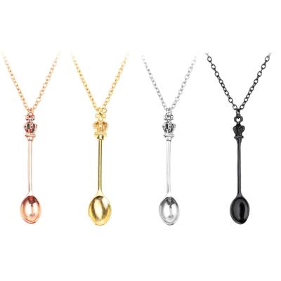Women's Fashion Vintage Crowns Mini Teaspoon Pendant Necklace Long Chain Jewelry Gift Attractive Processing Necklace