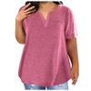 Women Casual Solid Color V Neck Short Sleeve Pocket Top Large Size T Shirt