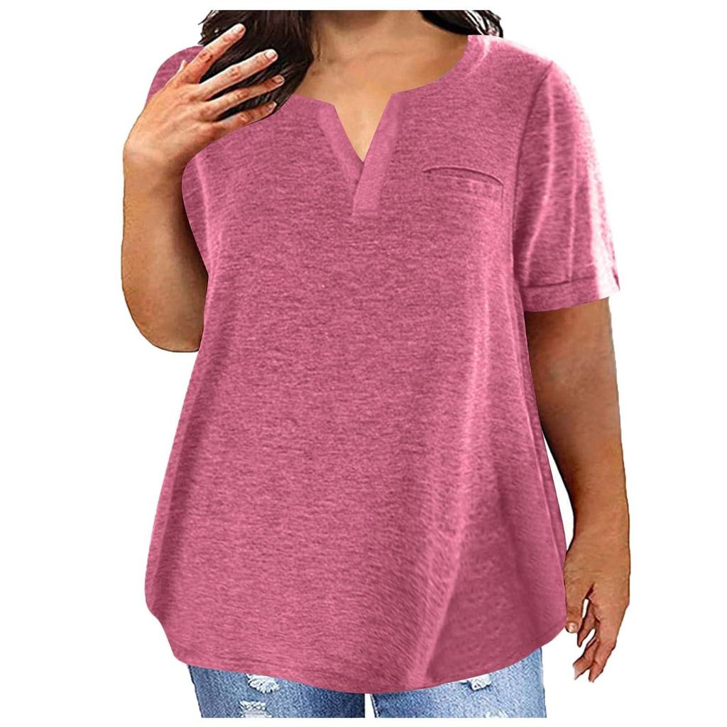 Women Casual Solid Color V Neck Short Sleeve Pocket Top Large Size T Shirt