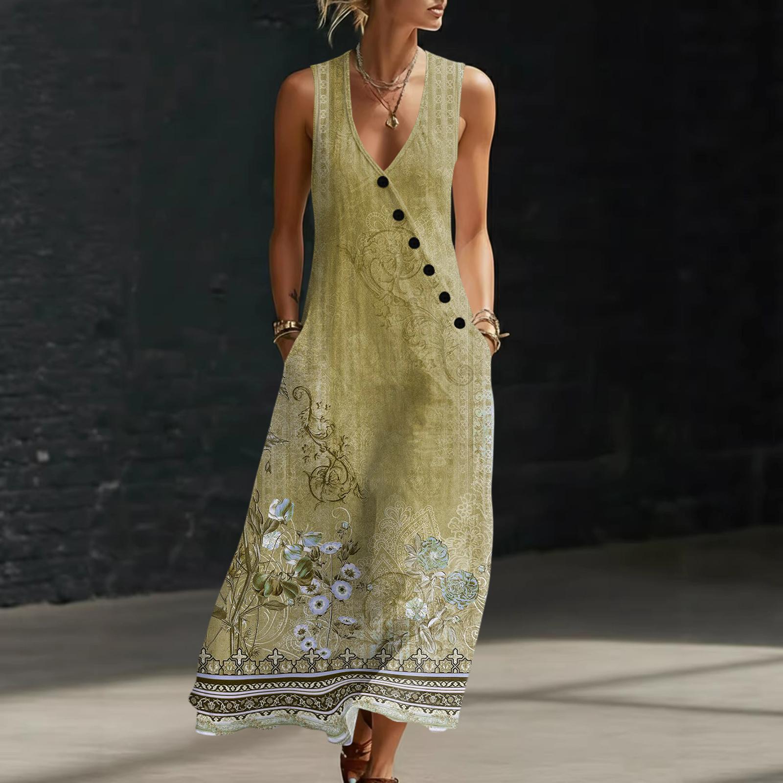 

Sleeveless V Neck Floral Print Maxi Dress for Women Casual Bohemian Style Summer Long Sundress with Pockets XL жовтий