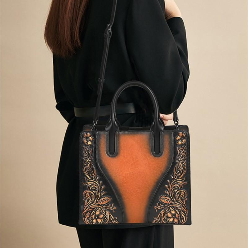 Johnature Genuine Leather Women's Handbag Retro Embossed Large Capacity Shoulder Crossbody Bags