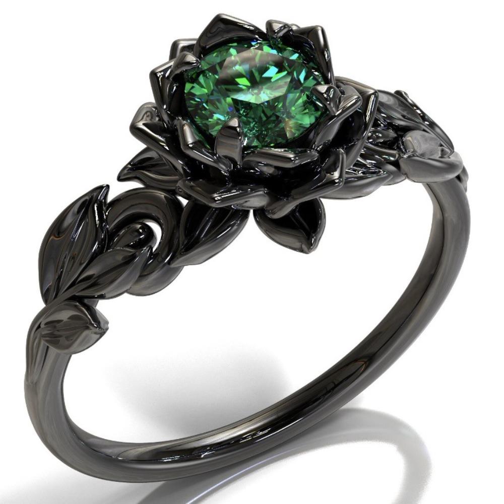 

Luxury Fashion Gun Black Floral Ring for Women Creative Rose Hand Ornament Green Diamond Jewelry No. 10