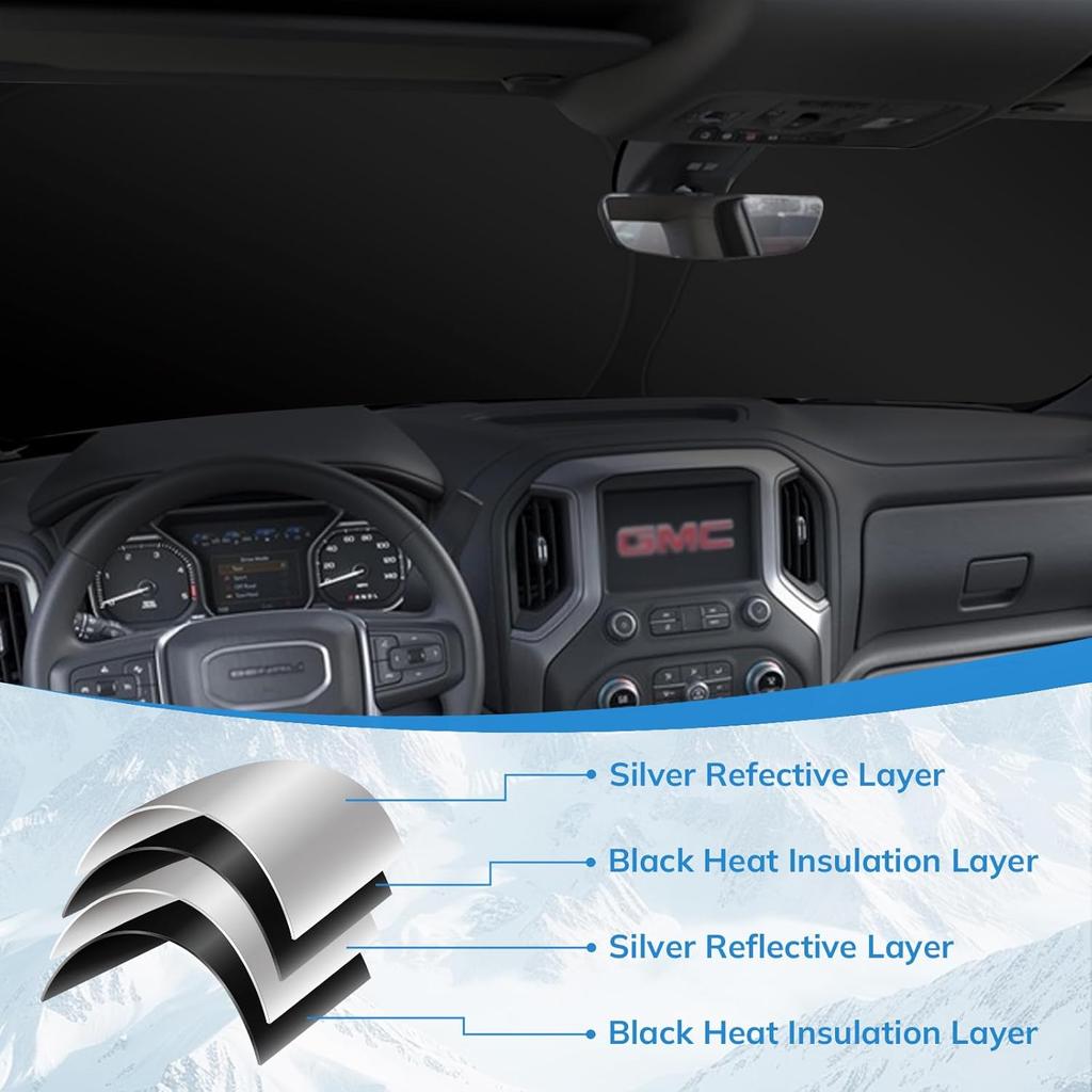Front Windshield Sunshade Compatible With GMC (-2024) Sierra 1500 2500 3500 SLT, AT4, Denali Pickup Accessories - 210T Double Layer Foldable Front