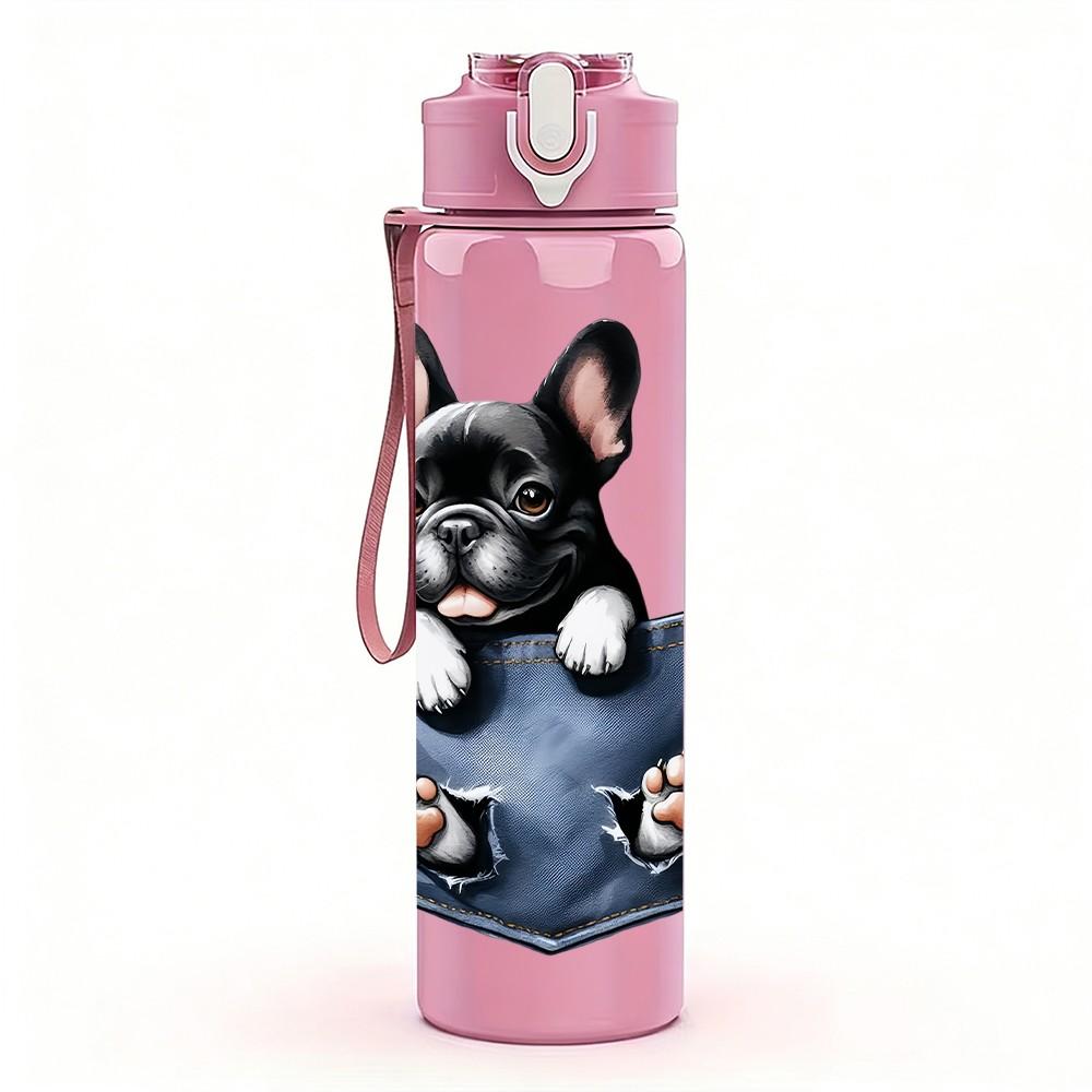 1PC French Bulldog Pocket Print 750ml Color Plastic Sports Water Bottle Leakproof Flip Straw Lid Suitable for Sports Office Home Use