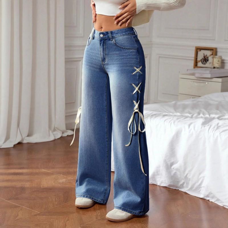 Jeans Ribbons Fashionable Side Stretch Straight Sweet Large Size Women s Clothing Loose XL темно-синий