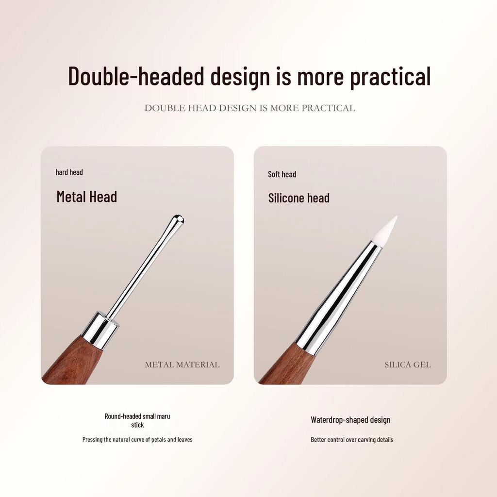 Dual-ended Sandalwood Handle Nail Art Pen: Multi-functional Japanese Silicone Gel Mixer, Carving Tool, Scraper, Embosser, and Color Painting Tool.