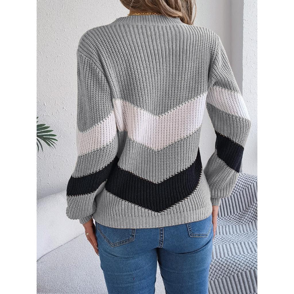 QICED Autumn and Winter Casual Color-blocking Lantern Long-sleeved Pullover Sweater Women's Wear