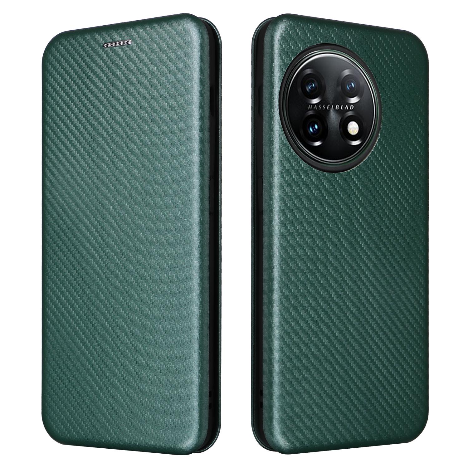 

For OnePlus 11 5G PU Leather Stand Card Slots Case Carbon Fiber Texture Magnetic Auto-absorbed Folio Phone Cover Green