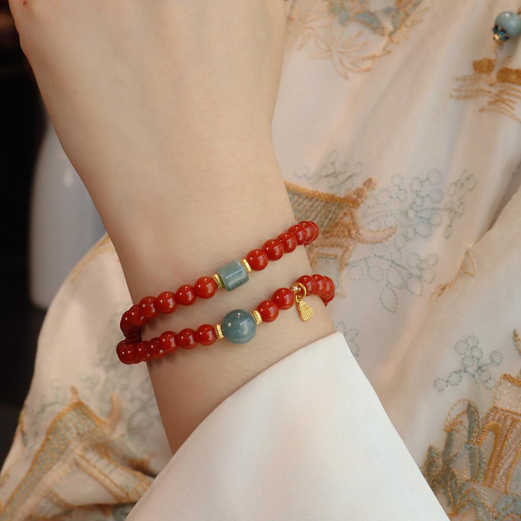 Natural Nanhong Agate Bracelet, Women'S Double Circle Transfer Bead Bracelet. Fashion Women Daily Jewelry Lucky Gift