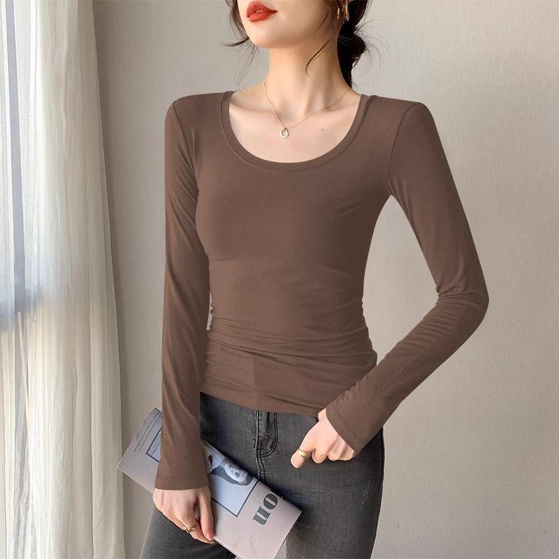 Women's Black Modal Crew Neck Long Sleeve Base Layer Top - Slim Fit, Low Neck Design for 2025 Autumn/Winter