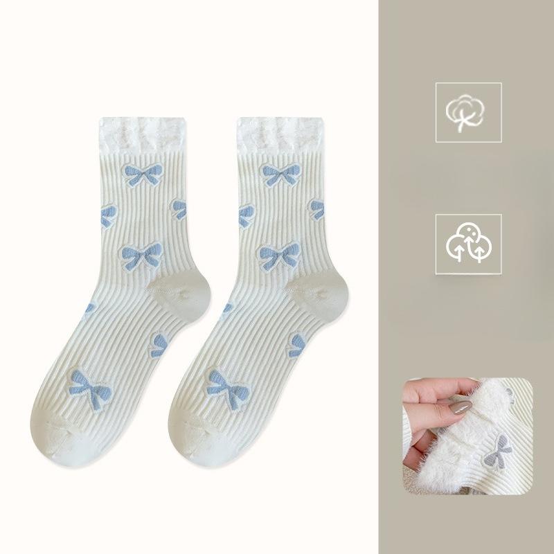 

Female Spring and Autumn Lovely Lace Bow Micro Pressure Comfortable Medium Tube Pile Pile Cotton Socks 1 pair синий/белый