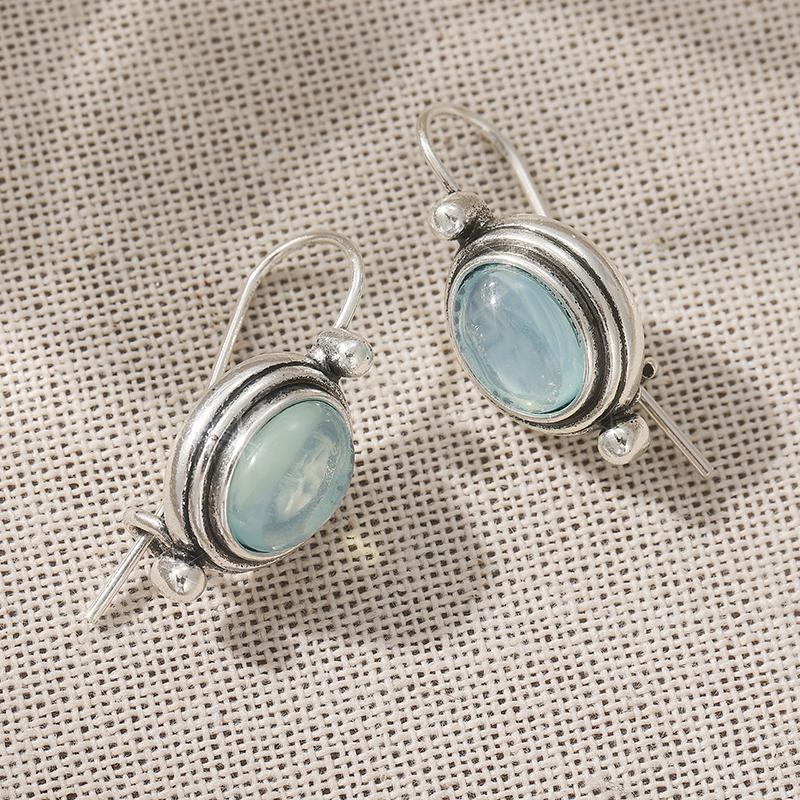 Vintage Silver Color Sea Blue Stone Dangle Earrings Woman Oval Party Daily Wear