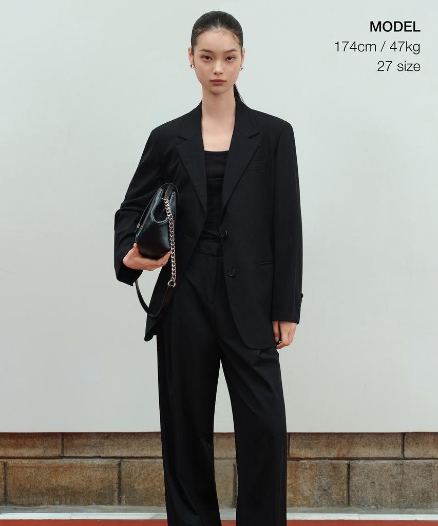 MUSINSA STANDARD WOMAN Women'S Summer Wool One-Pleat Wide Hidden Elastic Waist Slacks [Black]