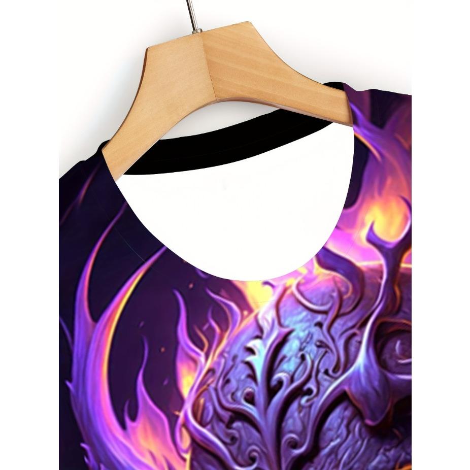 Plus Size Men's 3D Glow Skull & Flames Graphic Print T-shirt Funky Short Sleeve Tees For Summer, Halloween Men's Clothing