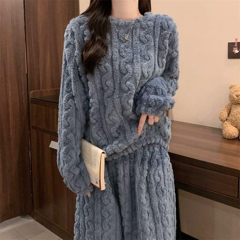Coral Fleece Jacquard Pajamas Set Women Autumn Winter Fleece Thickened Warm Crew Neck Cable Knit Loungewear Wearable Outside