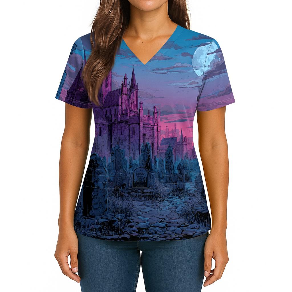 Women's Halloween Printed V-Neck Double Pocket Short Sleeves Hem Slit Uniform Caregiver Top