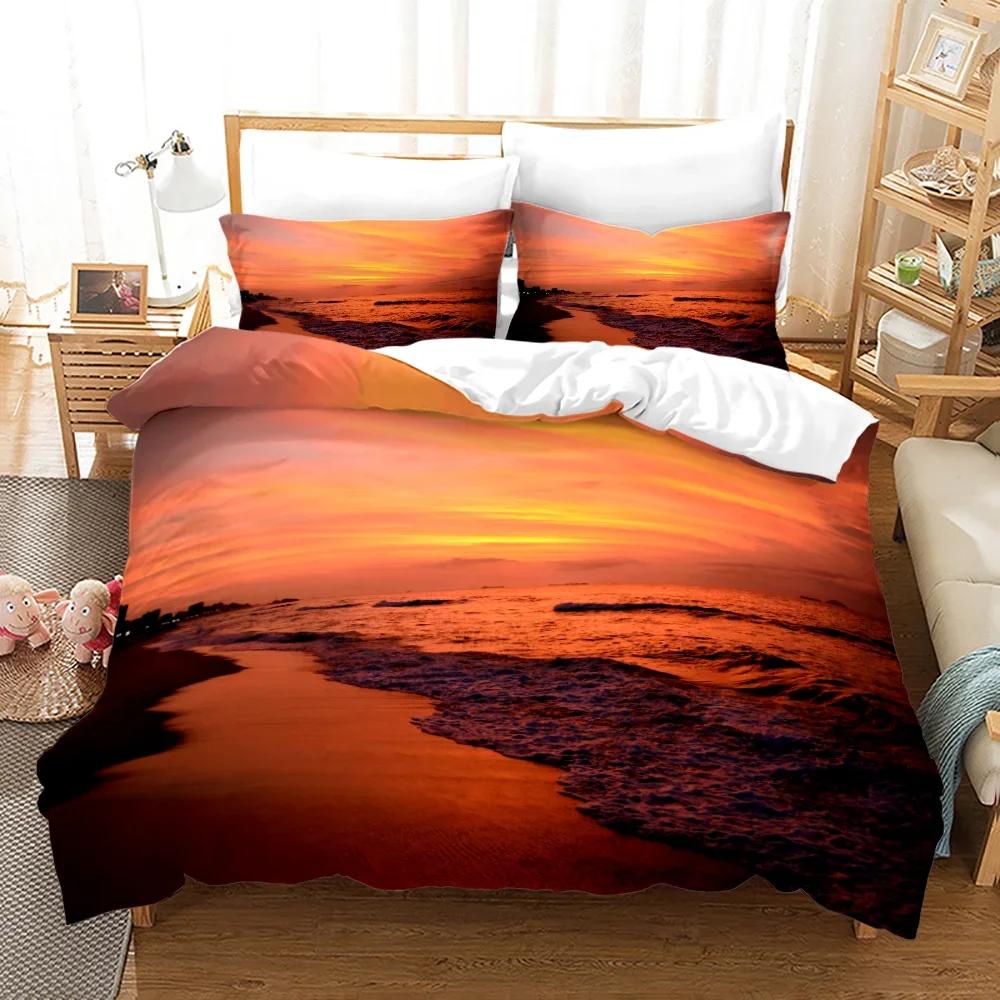 Strand Sonnenuntergang Bettbezug Set Tropische Insel Mit Der Palme Und Meer Strand Natur Thema Queen Size Bettdeckenbezug