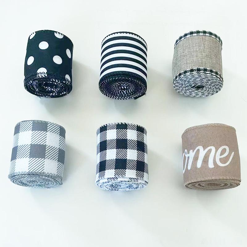 Набор рождественских лент: Черно-белая клетка, черно-серая клетка, точки, полосы, узор из английских слов