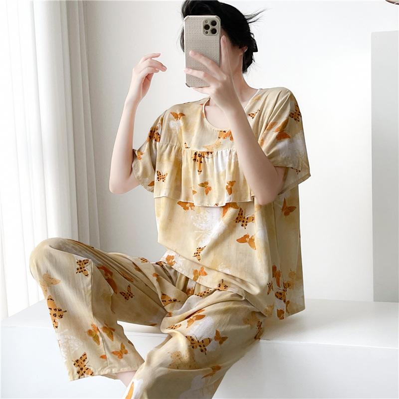 Artificial Cotton Pajamas Women's Spring and Summer Anti-bump Cotton and Silk Loungewear Suit Summer Cute Plaid Large Size Pajamas Outside Wear