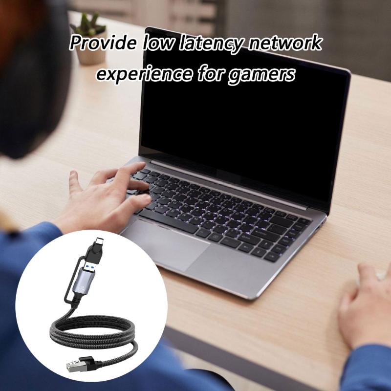 Type C+USB Ethernet Cable 1.8m Braided Cord RJ45 Port Supports Gigabit Speed for Tablet PC Connection 180cm