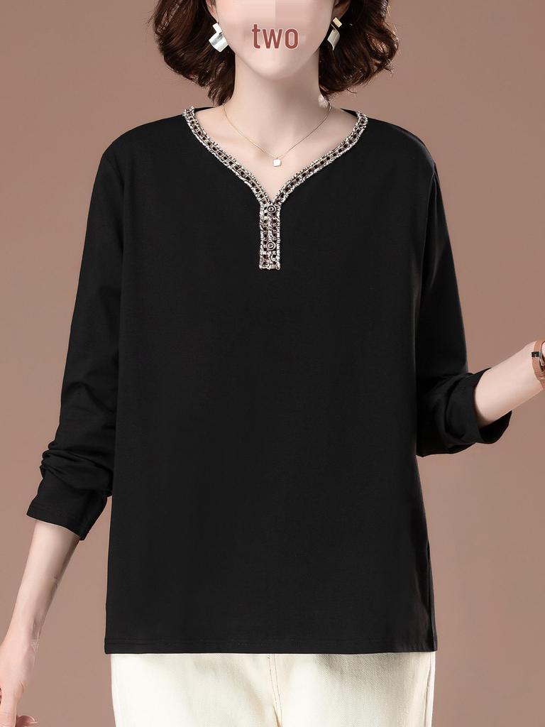 Women's Plus Size V-Neck Long Sleeve Autumn Top - Stylish Loose-Fit Base Shirt for Middle-Aged Mothers