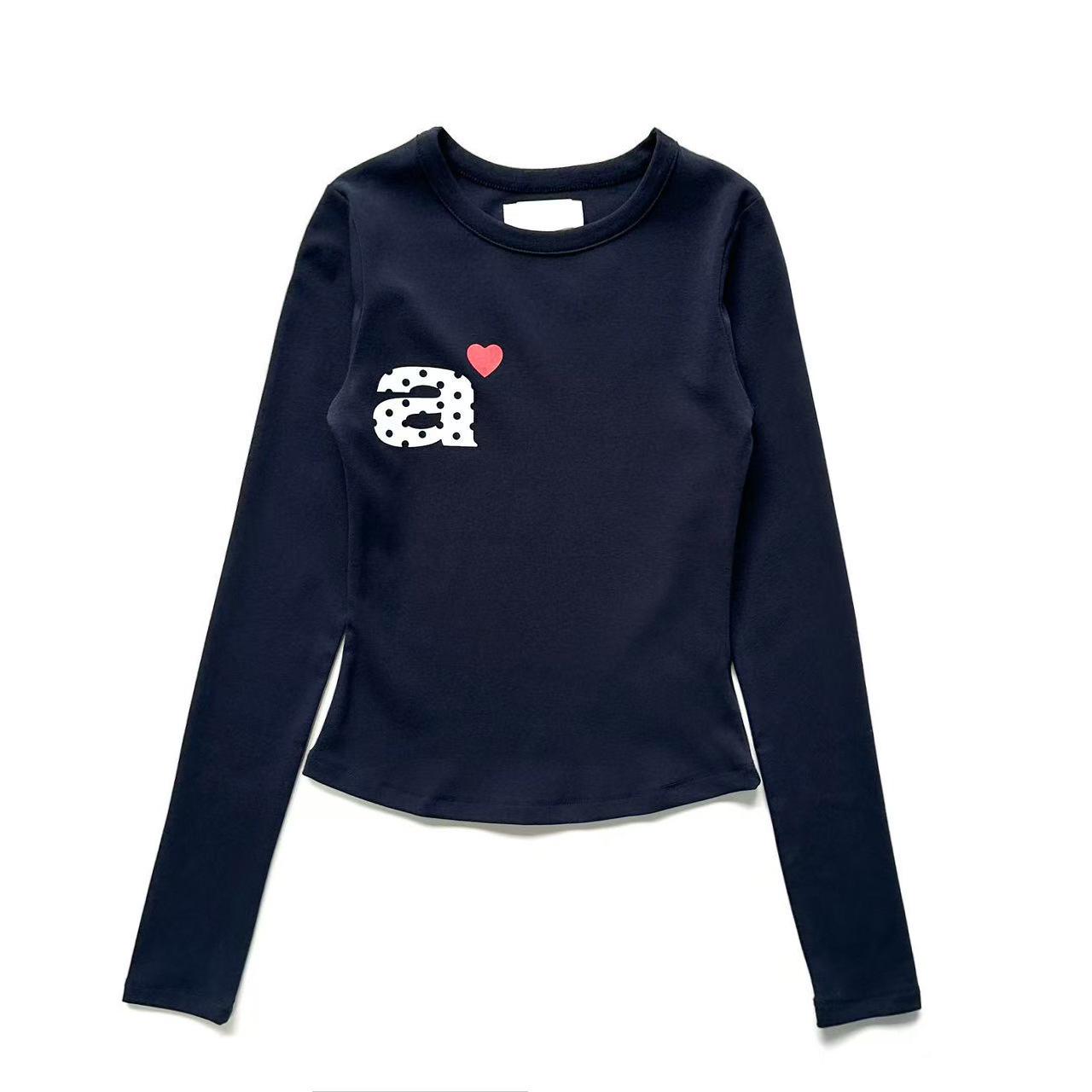 

Korean Niche American Spicy Girl Heart Print Slim Fit Long Sleeve T-shirt S тёмно-синий
