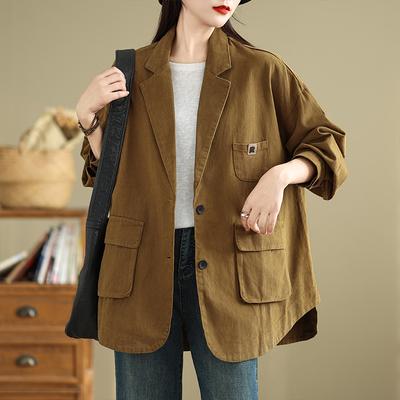 Women Suit Jacket Coat Outwear Button Pockets Loose Autumn Thin Overcoat