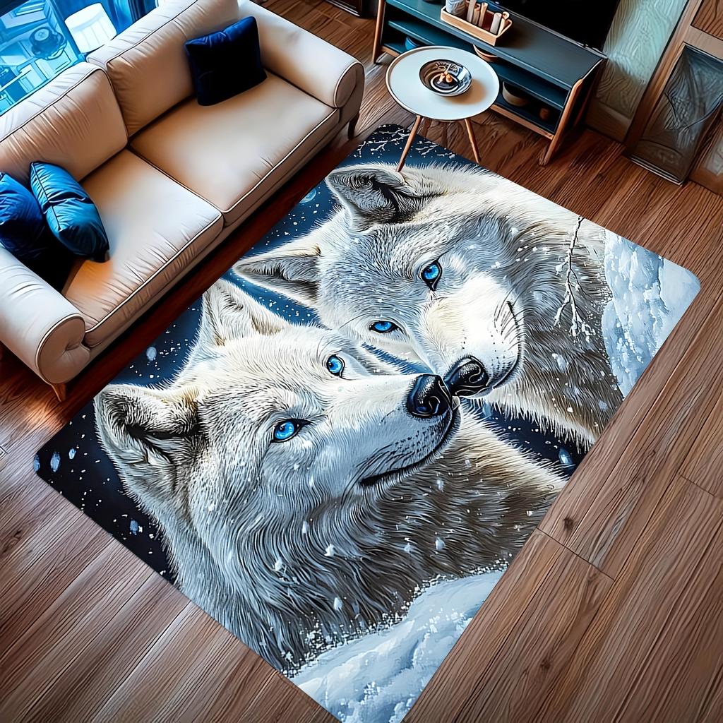 Decorative Wolf Pair Rug Mat for Living Room Hallway Snowy Winter Animal Decor Nordic Boho Home Carpet