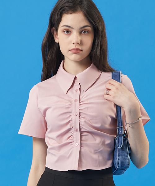 Collet Women Shirred Crop Short Sleeve Shirt [Pink] Pink/Free