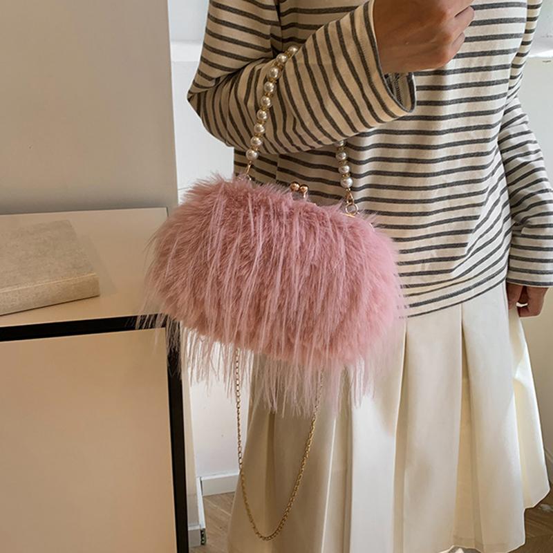 Yogodlns Luxe nepbont avondtasje Pluizige effen kleur schoudertas Grote capaciteit Parelhandvat Clutch Crossbodytas Voor dames