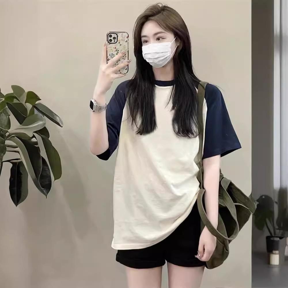 Damen Kurzarm Rundhals Farbblock Pullover T-Shirt Baumwoll Oberteil