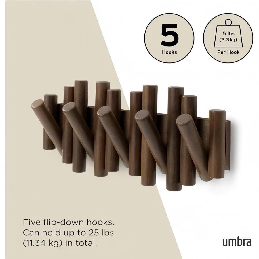 Wall-Mounted Coat Rack Rail Hook with 5 Retractable Wood Pegs – Modern, Space-Saving Storage Organizer,Aged Walnut