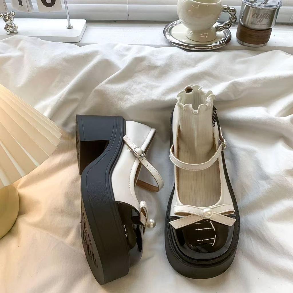 High-heeled Mary Jane shoes for women's 2025 summer new retro round head bow pearl platform thick heel jk small leather shoes