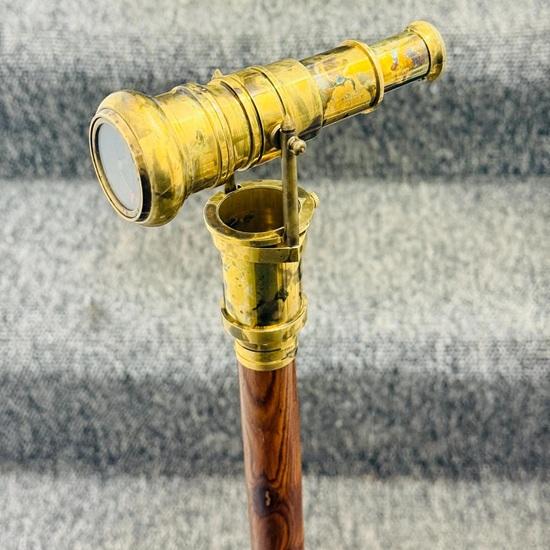 Cane Wooden Walking Stick Brass Polish Folding Hidden Spy Scope Telescope Handle