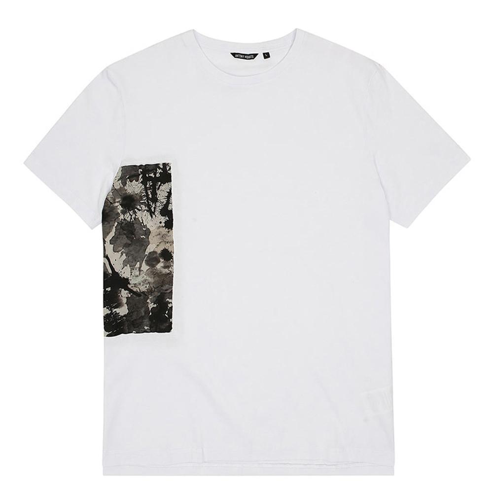 IKALOOK Printed Color Block White Round Short Sleeve T-Shirt Stee164