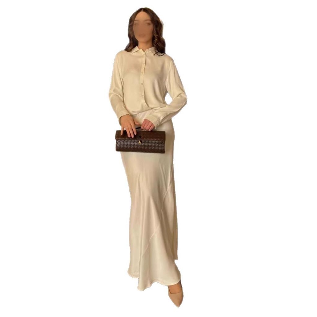 Spring and Autumn New European and American Women's Clothing Cross-border Satin Shirt Dress Women's Waist Long Fishtail Dress Long Dress